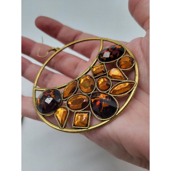 VTG Leopard Amber Honey Gold Tone Huge Hoop Dangle Earrings Costume Runway - Picture 9 of 9